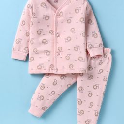 Simply Fleece Knit Full Sleeves Front Open Winter Night Suit With Animals Print - Baby Pink-image-35