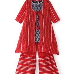 Babyhug Woven Foil Printed Kurti With Lurex Pintucked Gharara and Three Fourth Sleeves Jacket Set - Red & Navy-image-91
