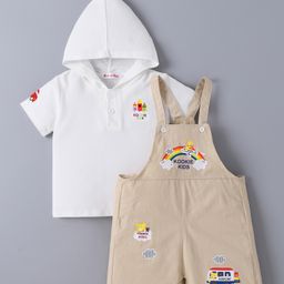 Kookie Kids Cotton Half Sleeves Hooded T-Shirt & Dungaree Set with Brand Name Print - White-image-1