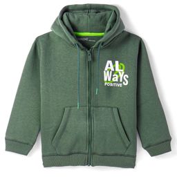 Doreme Fleece Knit Full Sleeves Hooded Sweat Jacket Text Print & Kangaroo Pockets - Green-picture-11
