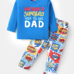 Babyhug Cotton Knit Full Sleeves Night Suit With Text Print - Blue-image-97