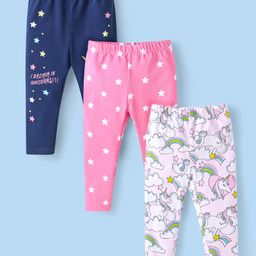 Babyhug Cotton Lycra Knit Full Length Leggings with Star & Unicorn Prints Pack of 3 - Navy Blue Pink & White-image-25