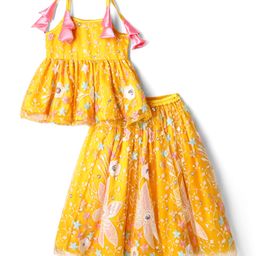 Saka Designs Satin Woven Sleeveless Lehenga Choli Set With Floral Embroidery - Yellow-image-92
