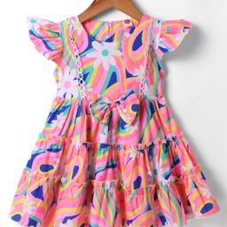 Dew Drops Cotton Half Frill Sleeves Frock with Floral Print & Bow Applique - Pink-picture-17