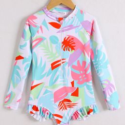 Mark & Mia Full Sleeves V Cut Swimsuit Leaf Print - Pink & Blue-image-48