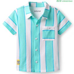 Babyoye 100% Cotton Knit Half Sleeves Striped Shirt - Aqua Blue & White-image-26