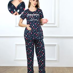 Bella Mama Cotton Knit Short Sleeves Nursing Night Suit With Strawberry Print - Navy Blue-image-41