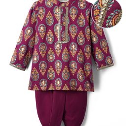 EARTHY TOUCH Single Jersey Knit Mandarin Collar Full Sleeves Kurta Dhoti Set with Floral Print & Lace Detailing - Purple-image-69