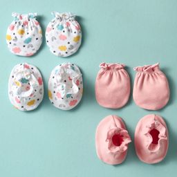 Ben Benny 100% Cotton Interlock Knit Mitten & Booties Set with Cloud & Rainbow Print Pack of 2 - White & Pink-picture-14