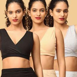 The Mom Store Cotton Knit Pack Of 3 Solid Maternity Nursing Sleep Bras - Black Beige & Grey-picture-39
