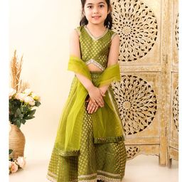 Superminis Brocade Woven Sleeveless Foil Ethnic Motifs Printed Gota Lace Embellished Coordinating Lehenga Choli With Dupatta Set - Green-picture-7