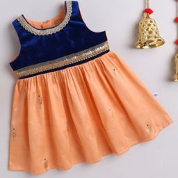 Many Frocks & velvet body sleeveless knee length lace embellished Onam ethnic dress - Peach & Blue-image-2