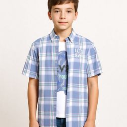 CAVIO Cotton Woven Half Sleeves Checked Shirt & Tee Set - Blue-image-64