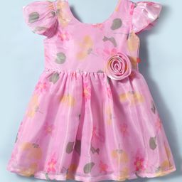 Tweetoons Woven Cap Sleeves Party Frock With Floral Print & Applique - Pink-image-40
