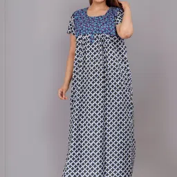 AAKARSHANA Blue Pure Cotton Maxi Printed Nightdress-picture-2