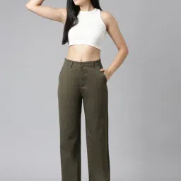 Zheia Olive Polyster Straight Fit Casual Trousers-picture-41