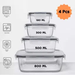 Femora Glass Square Storage Containers with Lid (180 ml, 300 ml, 500 ml & 800 ml) - Set of 4 image 1