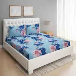 Romee Floral White & Blue 144 TC Cotton Queen Sized Bed Sheet with 2 Pillow Covers-image-63
