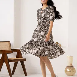 AASK Floral Printed Tiered Fit & Flare Dress-image-47