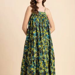 Moomaya Yellow & Black Floral Print Midi Dress-image-64