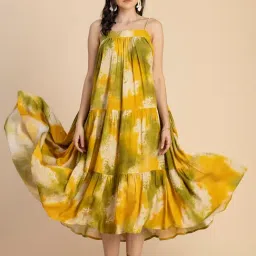 Moomaya Yellow & Green Printed Midi Dress-image-18