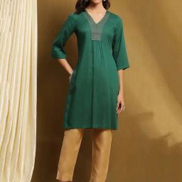 Biba Green Rayon Solid 3/4th Sleeve Kurta-47