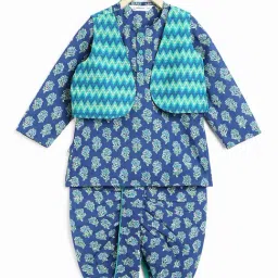Campana Kids Blue & Green Floral Print Full Sleeves Kurta, Dhoti with Jacket-image-36