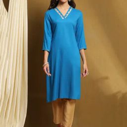 Biba Blue Rayon Solid 3/4th Sleeve Kurta-image-106