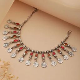Priyaasi Studded Pink Shade Leaves Coin Drop Oxidized Silver Necklace-image-2
