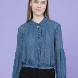 SKIMMER Self Design Mandarin Collar Crepe Crop Top-picture-24