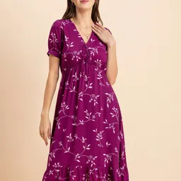 Moomaya Magenta Floral Print Midi Dress-image-52