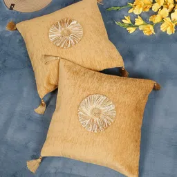 SOKNACK Camel Brown & White Set of 2 Embroidered Velvet Square Cushion Covers-18