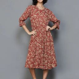 Colour Me by Melange Rust Printed A-Line Dress-image-13
