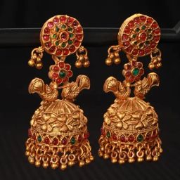 Aatmana Gold-Toned Red & Green Peacock Shaped Jhumki Earrings for Women-11