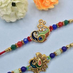 MEIRA JEWELLERY Set Of 2 Peacock Beaded Rakhis With Greeting Card & Roli Chawal-image-69