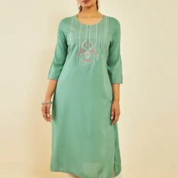 Soch Green Rayon Floral Embroidered Round-Neck Straight Kurta-picture-11