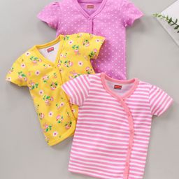 Babyhug 100% Cotton Half Sleeves Floral Print & Striped Vest Pack Of 3 - Yellow & Pink-picture-29