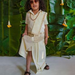 Tiber Taber Half Sleeves Ethnic Blocks & Fish Motif Foil Printed Shirt With Coordinating Mundu & Angavastram - Cream-image-70