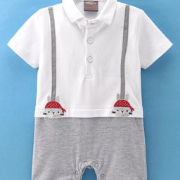 Little Kangaroos Half Sleeves Solid Color Romper with Bunny Face Applique - White-image-66
