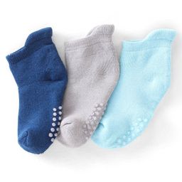 Honeyhap Premium Cotton Bamboo Ankle Length Skid Free Terry Socks with Anti-Bacterial Finish Pack of 3 - Navy Peony & Grey Melange & Atomizer-image-17