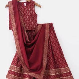 BabyhugSleeveless Foil Printed Lehenga Choli and Dupatta Set - Maroon-image-6