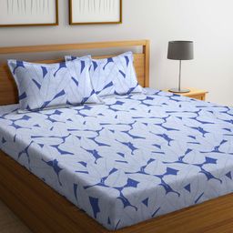 Arrabi TC Cotton Blend King Size Bedsheet With 2 Pillow Covers Leaf Print ARBS 1713 - Blue-picture-27