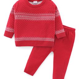 Babyhug Knitted Full Sleeves Sweater Set With Intarsia Design - Red-image-48