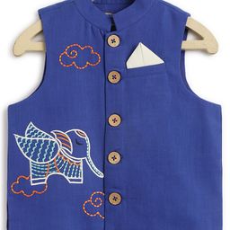 Tiber Taber Sleeveless Elephant & Clouds Embroidered Jacket - Blue-image-31