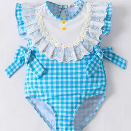 Kookie Kids Frill Sleeves  Checks  V Cut Swimsuit with Floral & Bow Detailing - Blue-picture-17