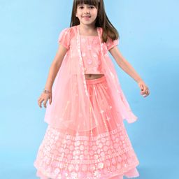 Babyhug Woven Singlet Choli With Sequenced Embroidered Lehenga & Short Sleeves Shrug - Hot Pink-image-31