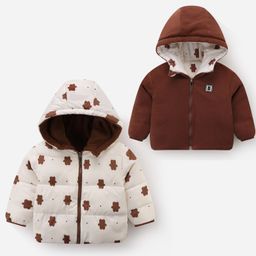 Kookie Kids Full Sleeves Padded Hooded Reversible Jacket with Gummy Bears Design - White & Brown-picture-3