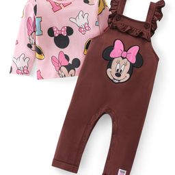 Babyhug Disney Interlock Knit Dungaree with Frill Detailing & Full Sleeves T-Shirt Set Minnie Mouse Print -Pink & Brown-image-41