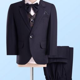 Robo Fry Woven Full Sleeves Solid 4 Piece Party Suit with Bow - Navy Blue-image-54
