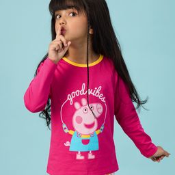 The Souled Store Cotton Full Sleeves Peppa Pig Featuring Good Vibes Text & Graphic Printed Tee - Pink-image-3